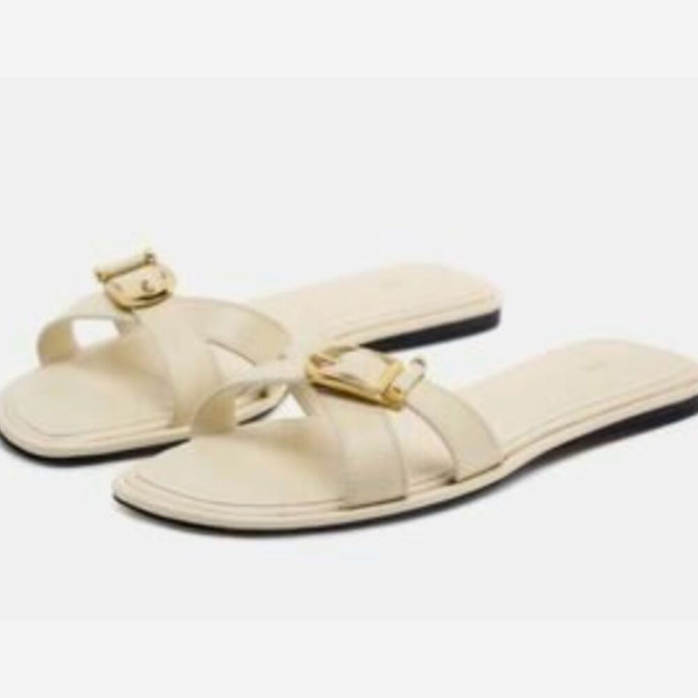 Zara White Leather Square Toe Flat Sandals Cream Size EU 38 US 7.5–8